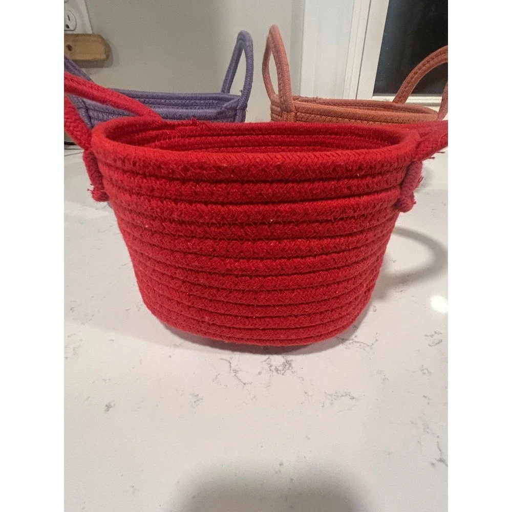 Set of 3 Woven Cotton Rope Baskets Small Oval Storage Bins w/ Handles Multicolor